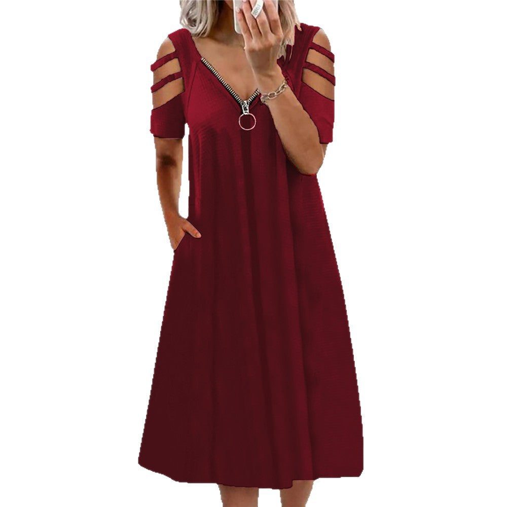 Women's Summer Sexy Solid Color Zipper Sleeve Dress