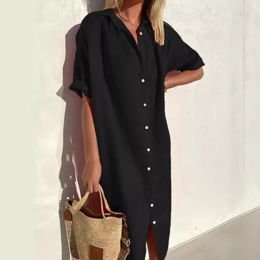 Women's Elegant Casual Loose Sleeves Button Dress Cotton Dresses