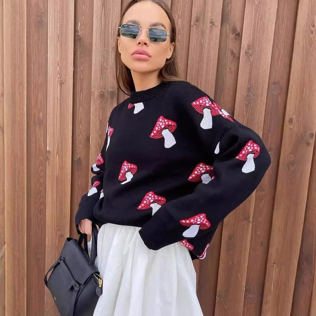 Women's Niche Mushroom Printed Loose Casual Style Sweaters