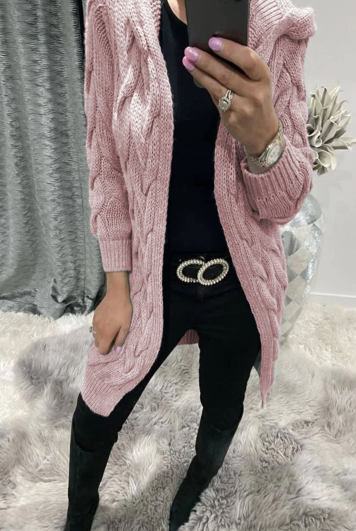 Women's Long Hooded Knit Twisted Sleeve Solid Knitwear