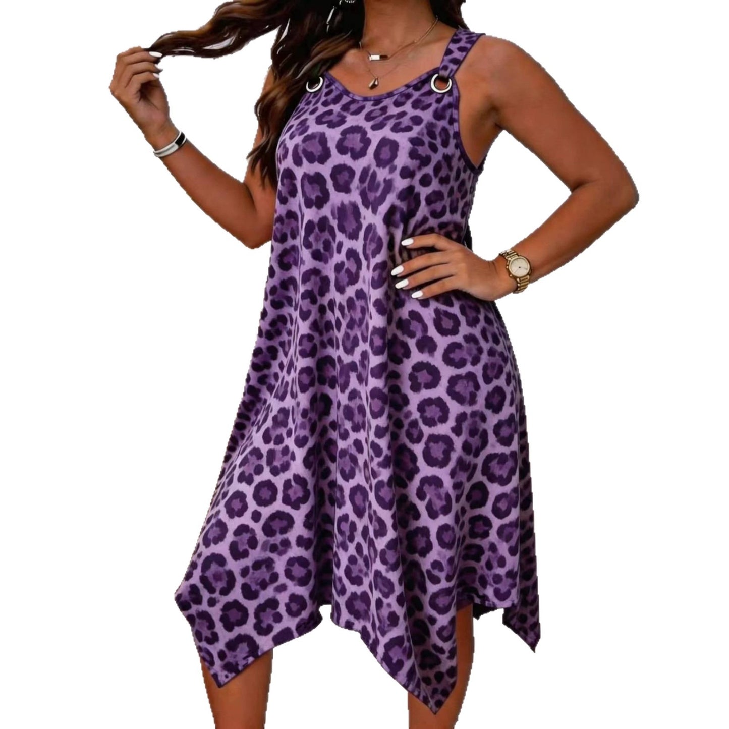 Large Leopard Print Sling Irregular Hem Dress