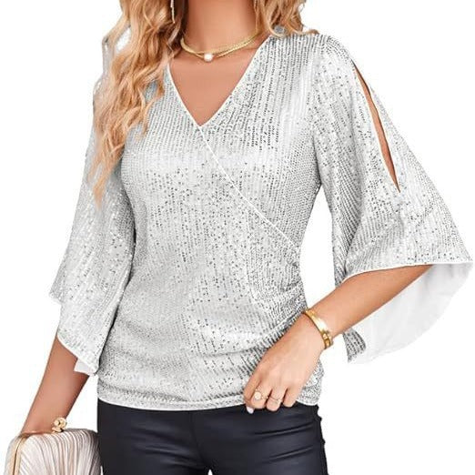 Women's Sequined Flare Sleeve Slim Fit Glitter Blouses