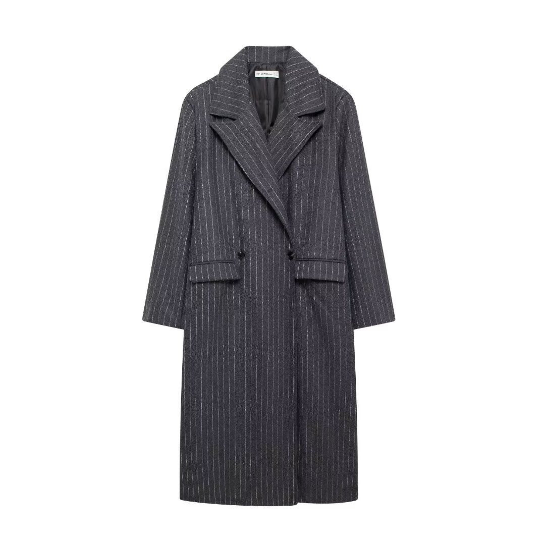 Women's Elegant Collar Striped Woolen Long Coats