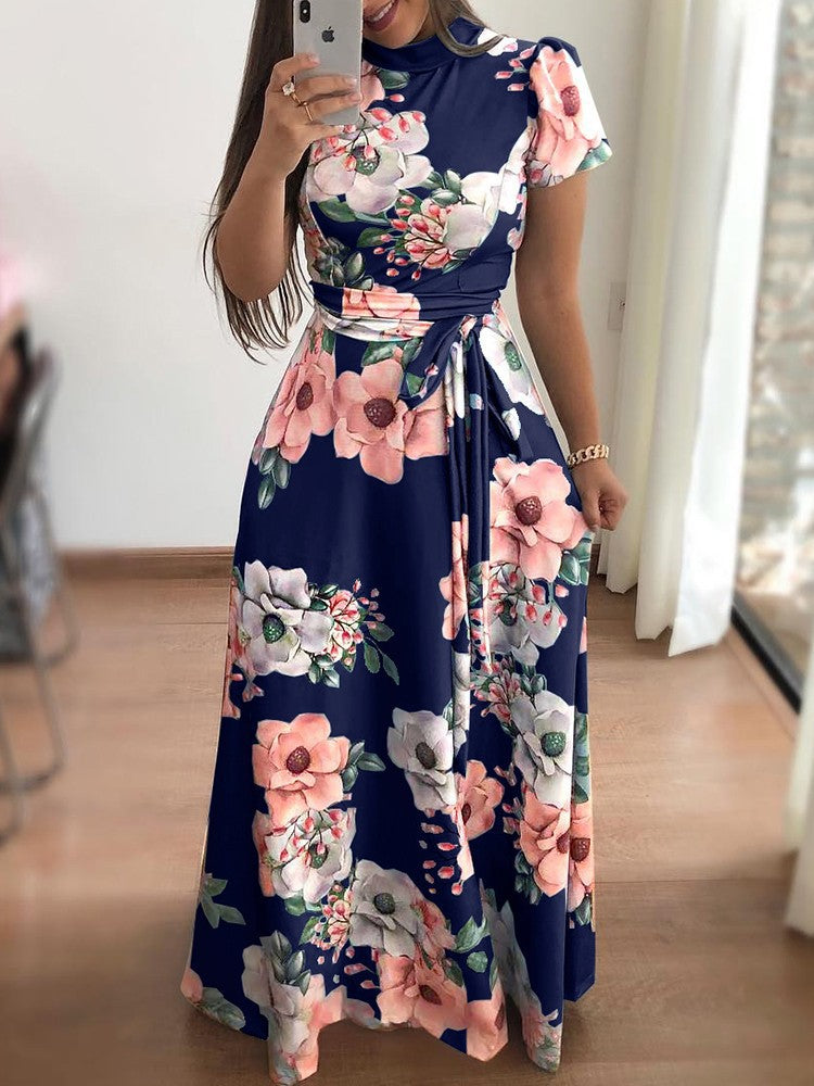 Women's Autumn Flower Print Sleeve Large Swing Dress