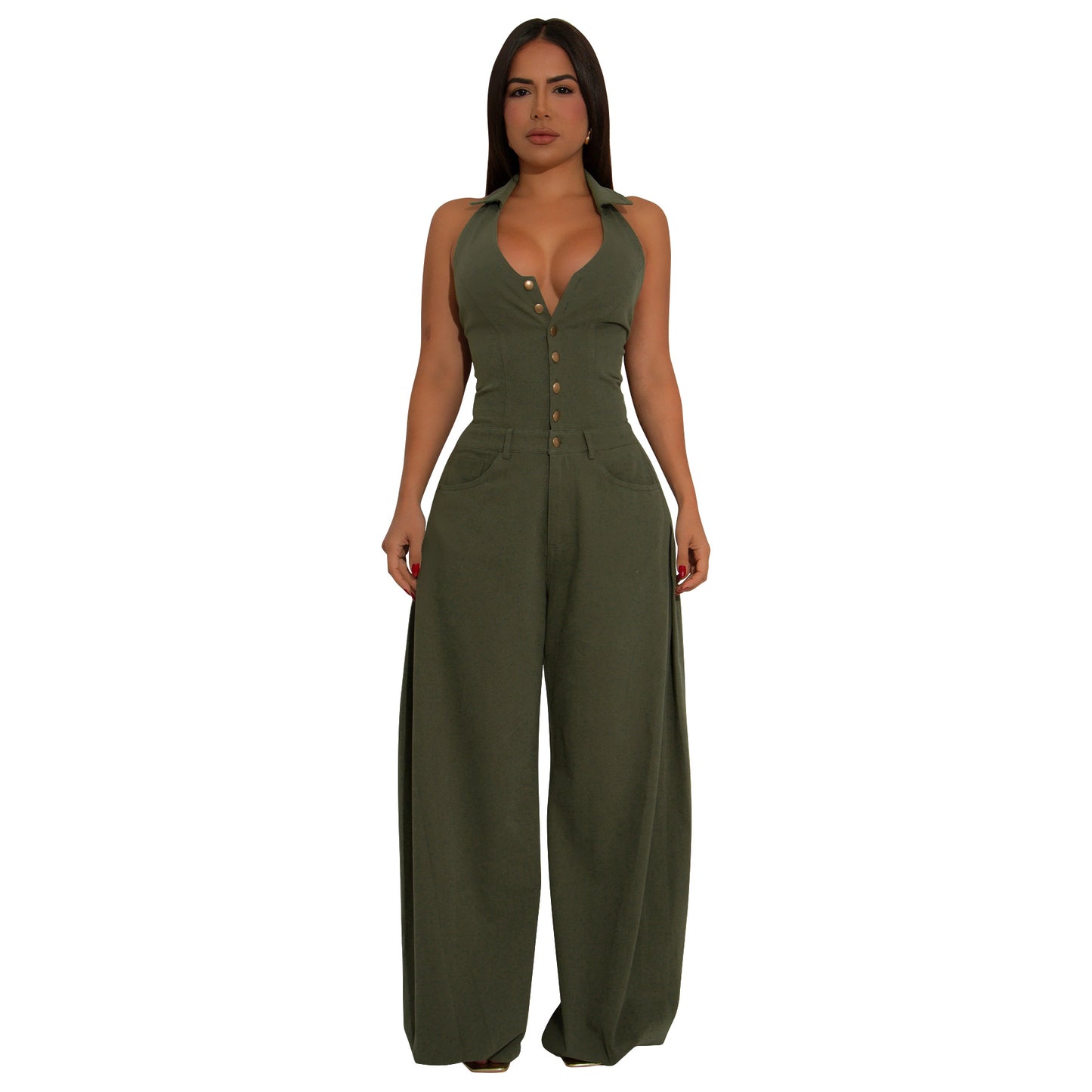 Women's Russian Fashion Wear Pocket Sleeveless Backless Jumpsuits