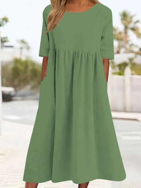 Casual Sleeve Pocket Pleated Loose Round Dress