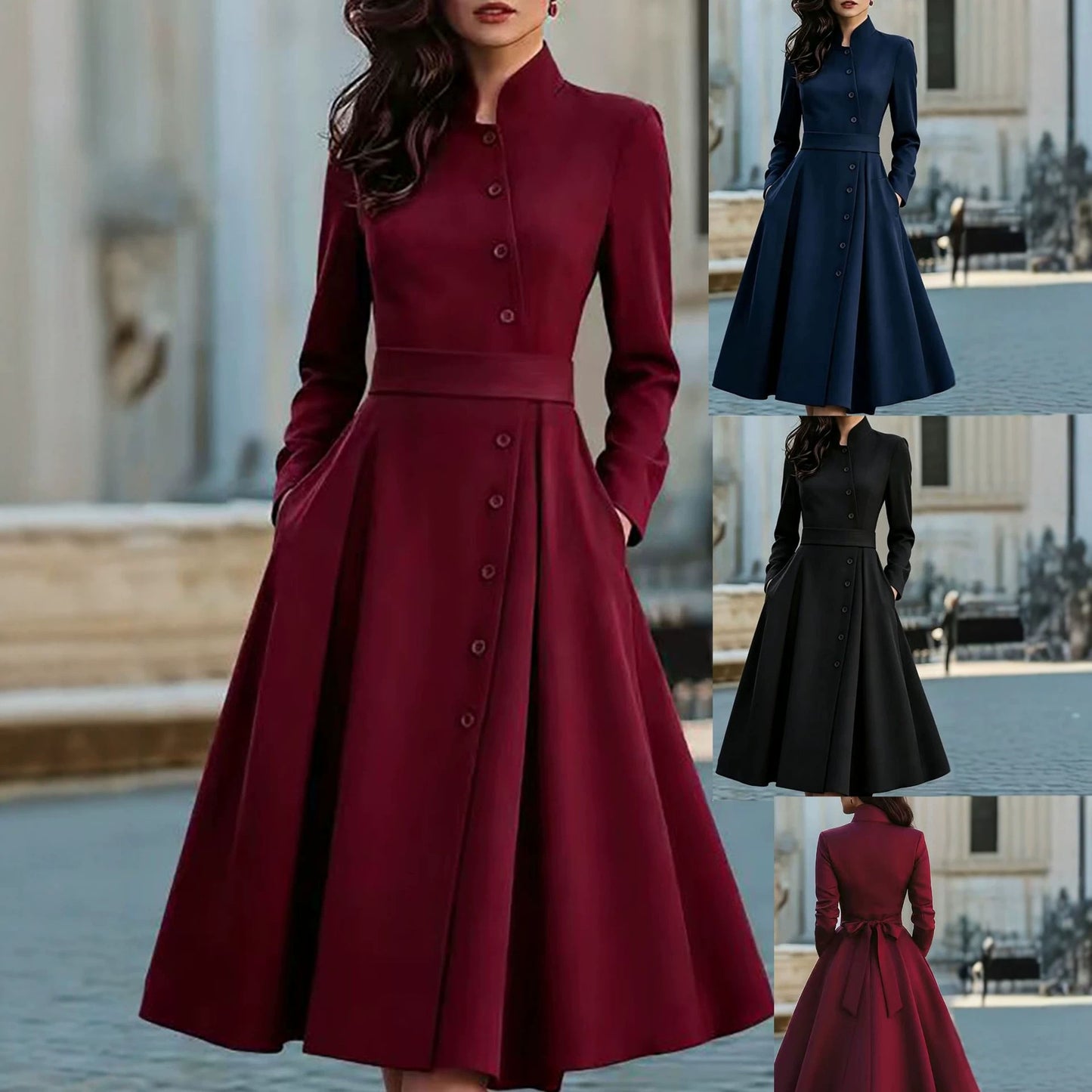 Women's Solid Color Buttons Long Sleeve Exquisite With Dress