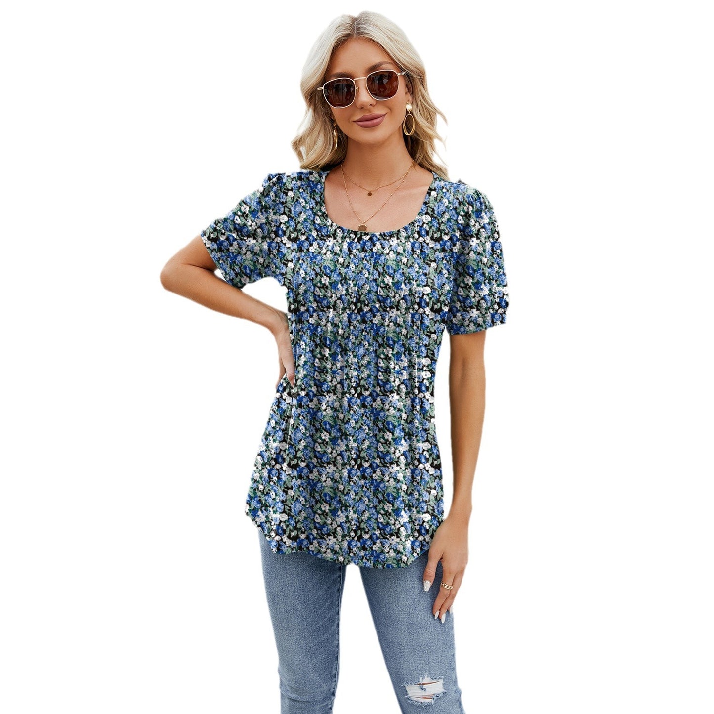 Women's Round Neck Strip Loose Sleeve T-shirt Tops