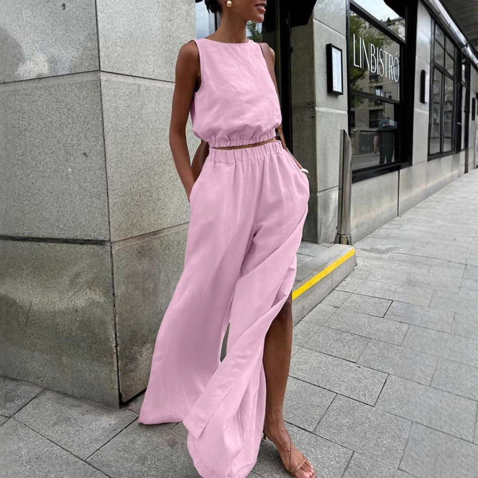 Women's Cotton Linen Solid Color Casual Split Suits