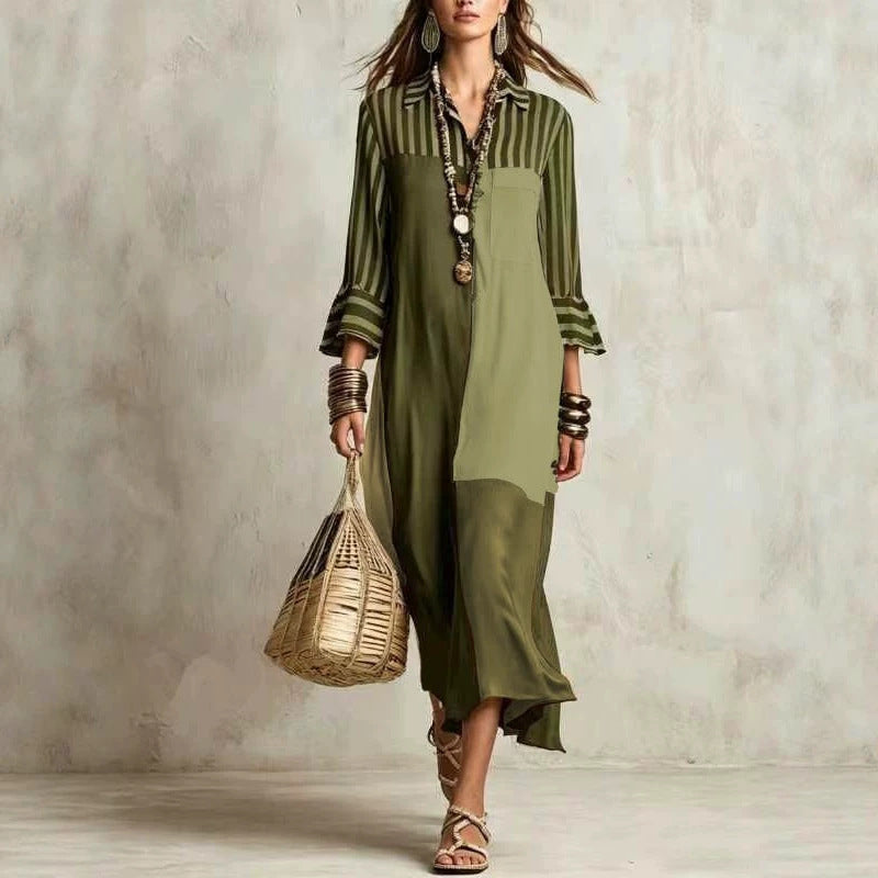 Fashion Elegant Graceful Striped Cropped Sleeve Dress