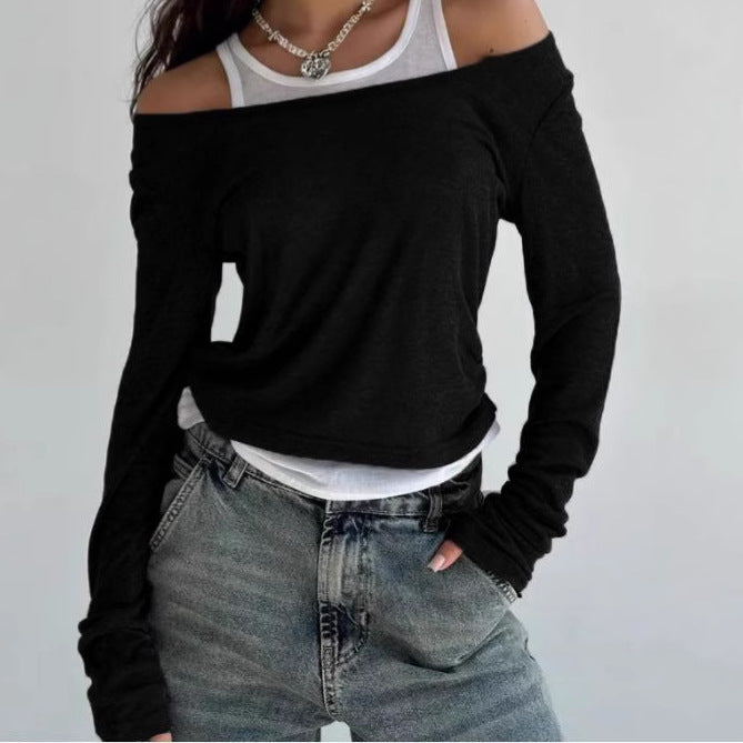 Women's Sense Fake Two Pieces Color Contrast Long Blouses
