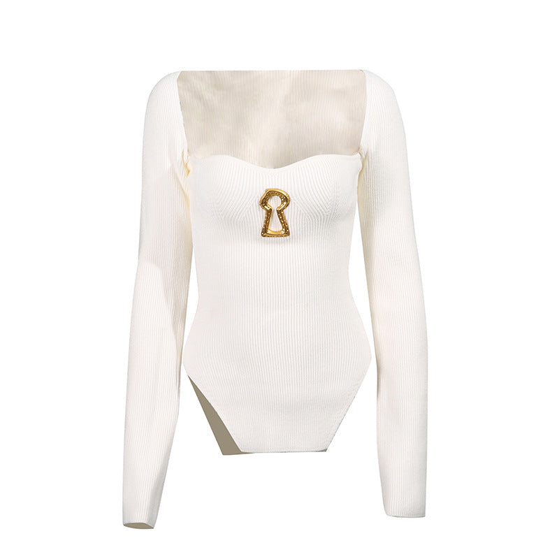 Hot Metal Buckle Decorative Pullover Stretch Sweaters