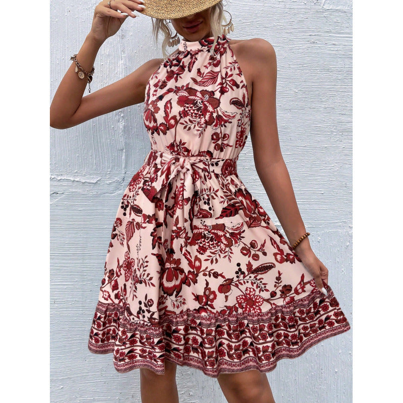 Women's Fashionable Floral Halter Cinched Sleeveless For Dress