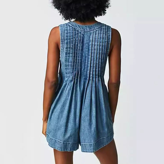 Casual New Sleeveless Denim Pleated One-piece Jumpsuits