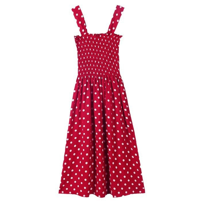 Women's Red Inner Strap Summer Mid-length Polka Dress