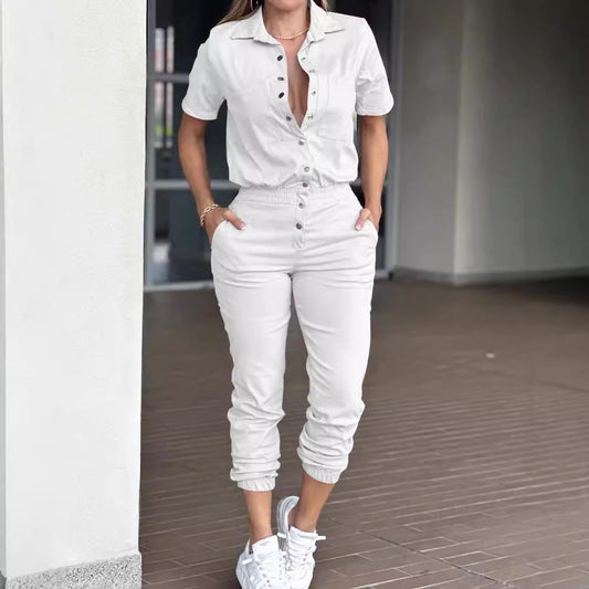 Women's Casual Fashion Lapel Pocket Waist Elastic Jumpsuits