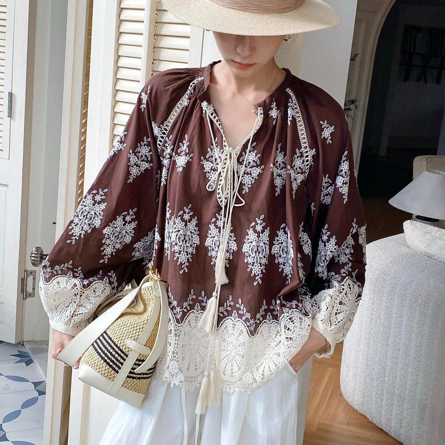 Women's Autumn French Embroidery Hollow Shirt Long Blouses