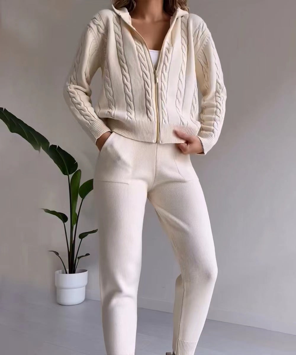 Solid Color Hemp Pattern Hooded Zipper Suits