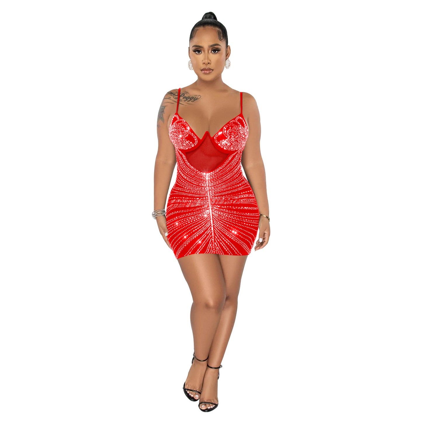 Women's Fashion Wear Rhinestone Mesh Camisole Sleeveless Dresses
