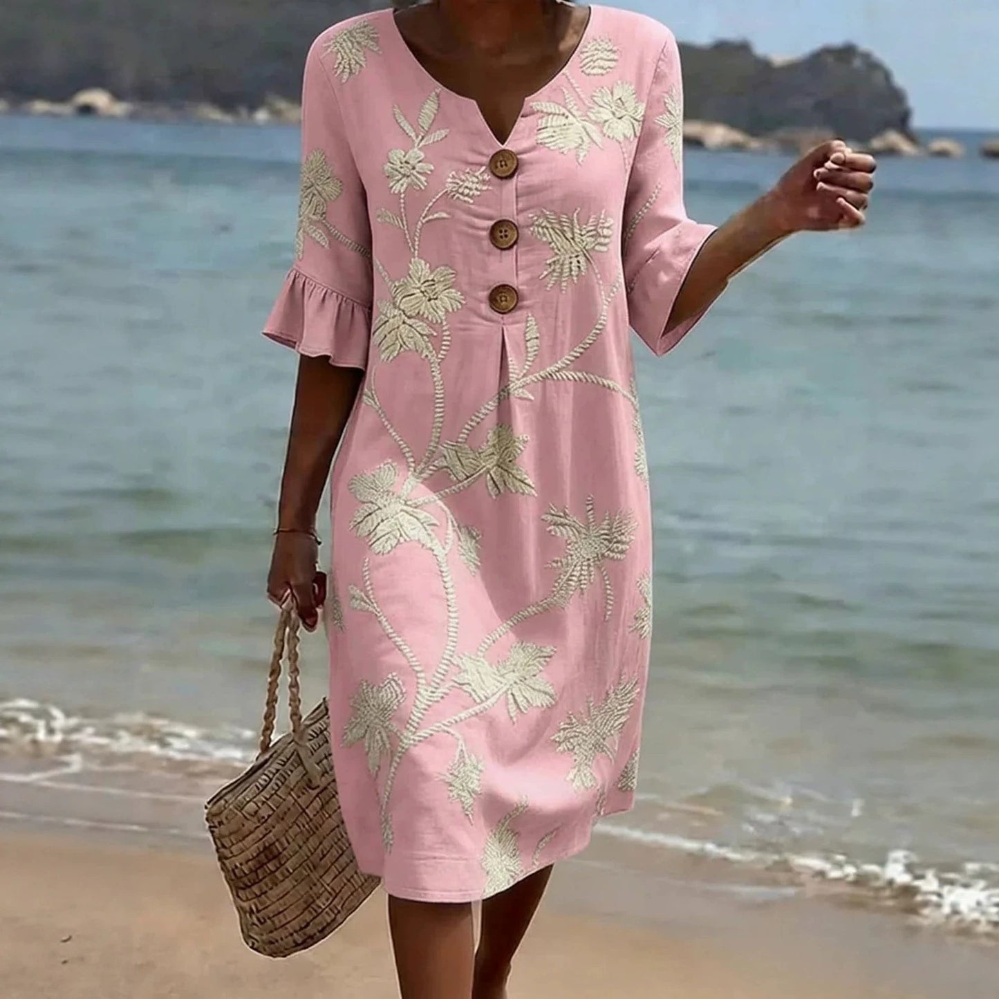 Women's Fashion Wear Buttons Floral Print Casual Cotton Dress