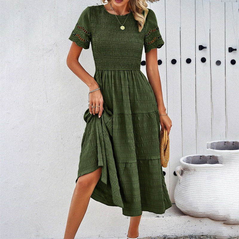 Women's Temperament Pure Color Sleeve Hollow Dress Dresses