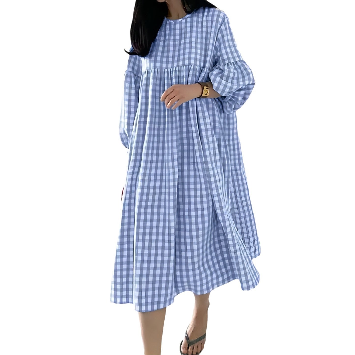 Women's Casual Plaid Puff Sleeve Round Neck Dress