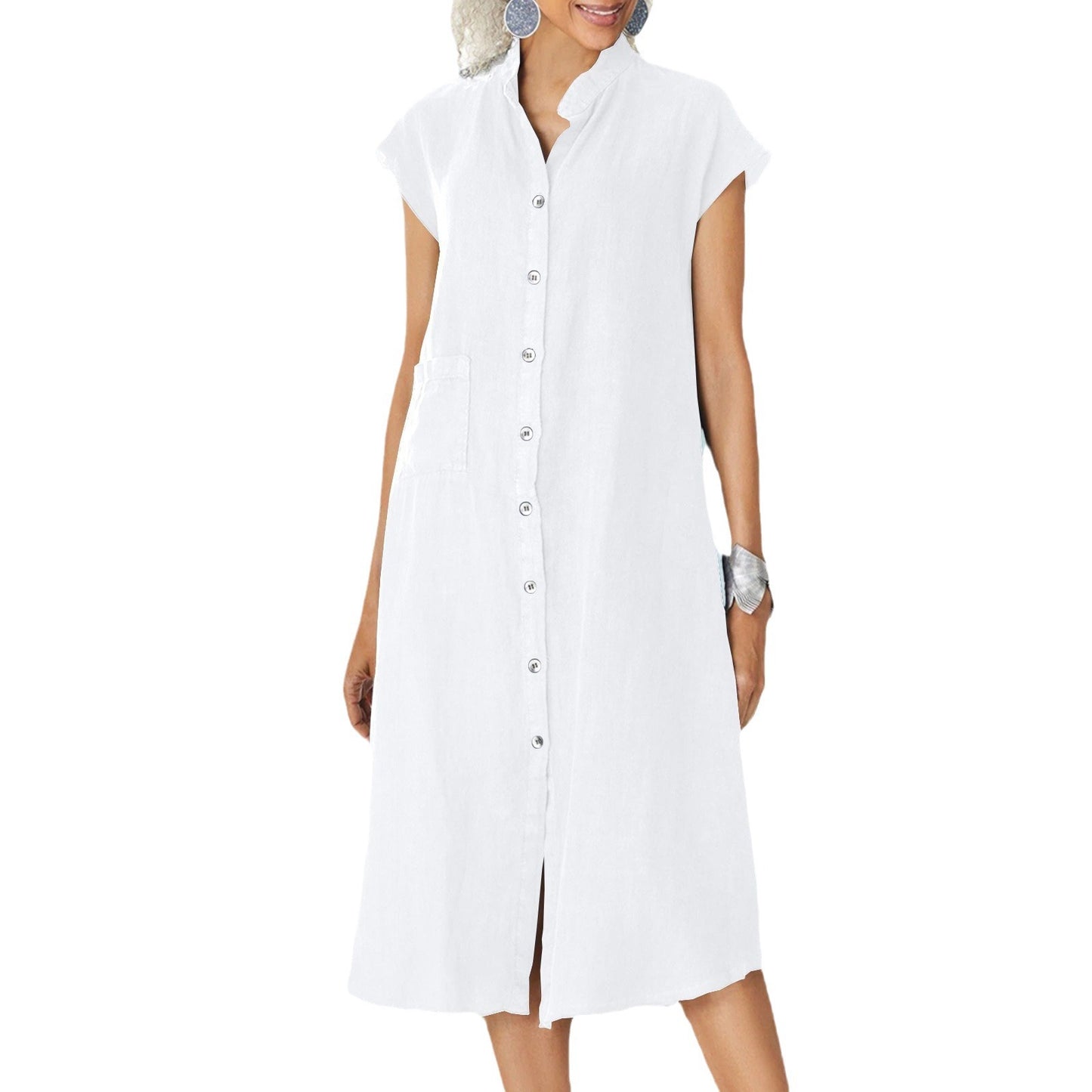 Collar Single-breasted Cotton Linen Pocket Dress Dresses
