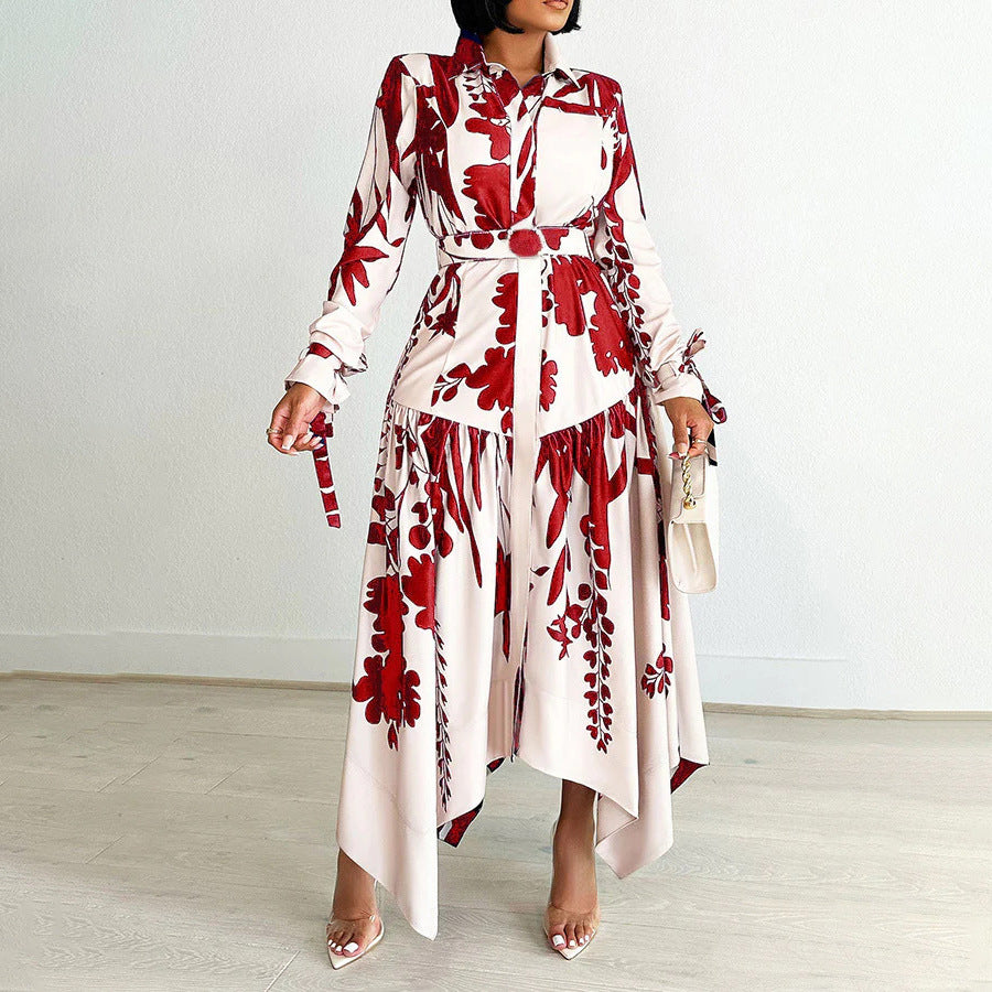 Women's Fashion Temperament Printed Lapel Long Sleeve Dress