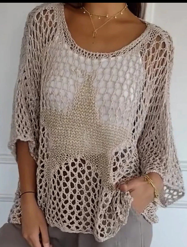 Women's Round Neck Commuter Elegant Cropped Sleeves For Air Conditioned Women's Sweater