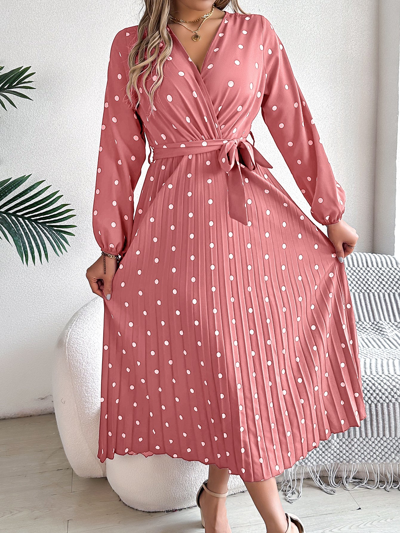Women's Elegant Contrast Color Polka Dot Cross Pleated Dress