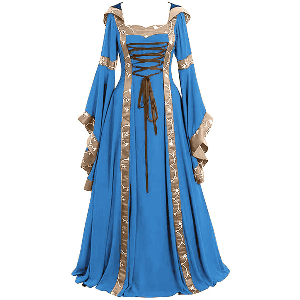 Medieval Retro Hooded Square Collar Lace Up Bell Sleeve Dress