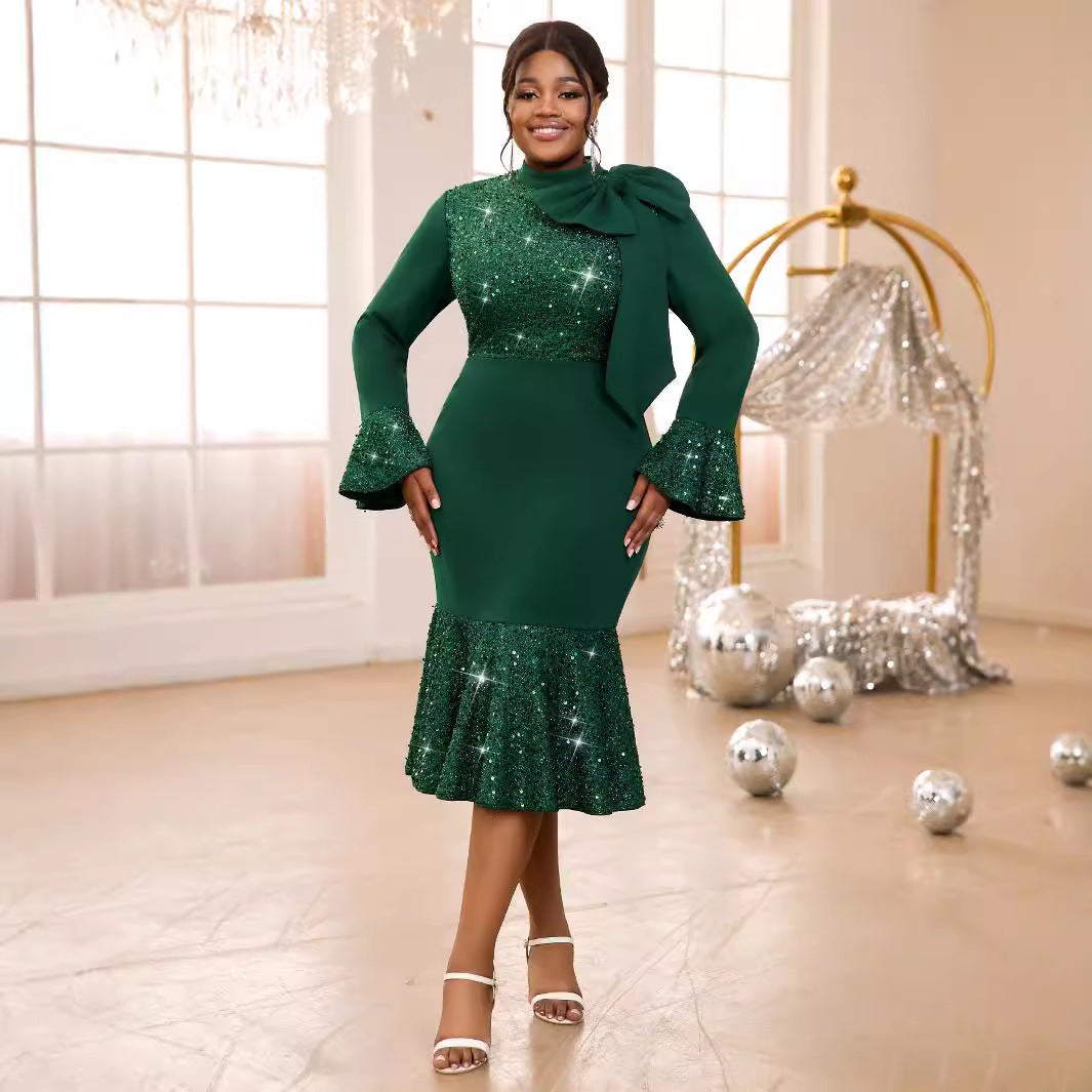Women's Sequined Party Style Flare Sleeve Bow Dresses