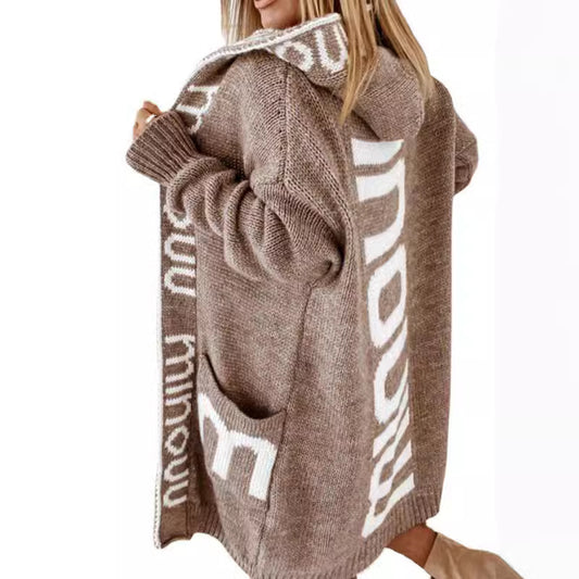 Women's Fashion Mid-length Hooded Letter Knitted Coats