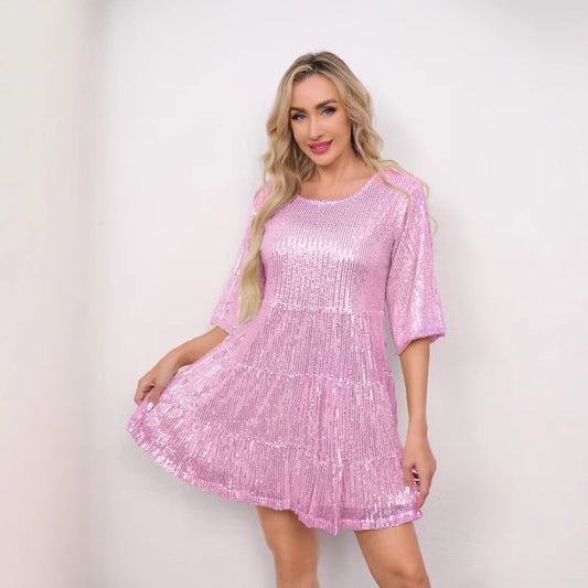 Solid Color Loose Waist Sleeves Dress Dresses