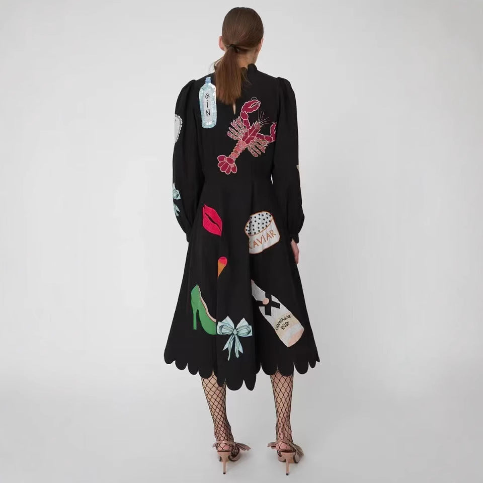 Women's Summer Fashion Wear Crayfish Print Long-sleeved Dresses