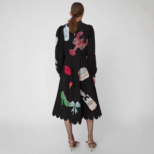 Women's Summer Fashion Wear Crayfish Print Long-sleeved Dresses