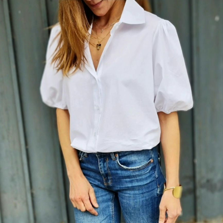 Women's Summer Puff Sleeve Solid Color Buttons Blouses