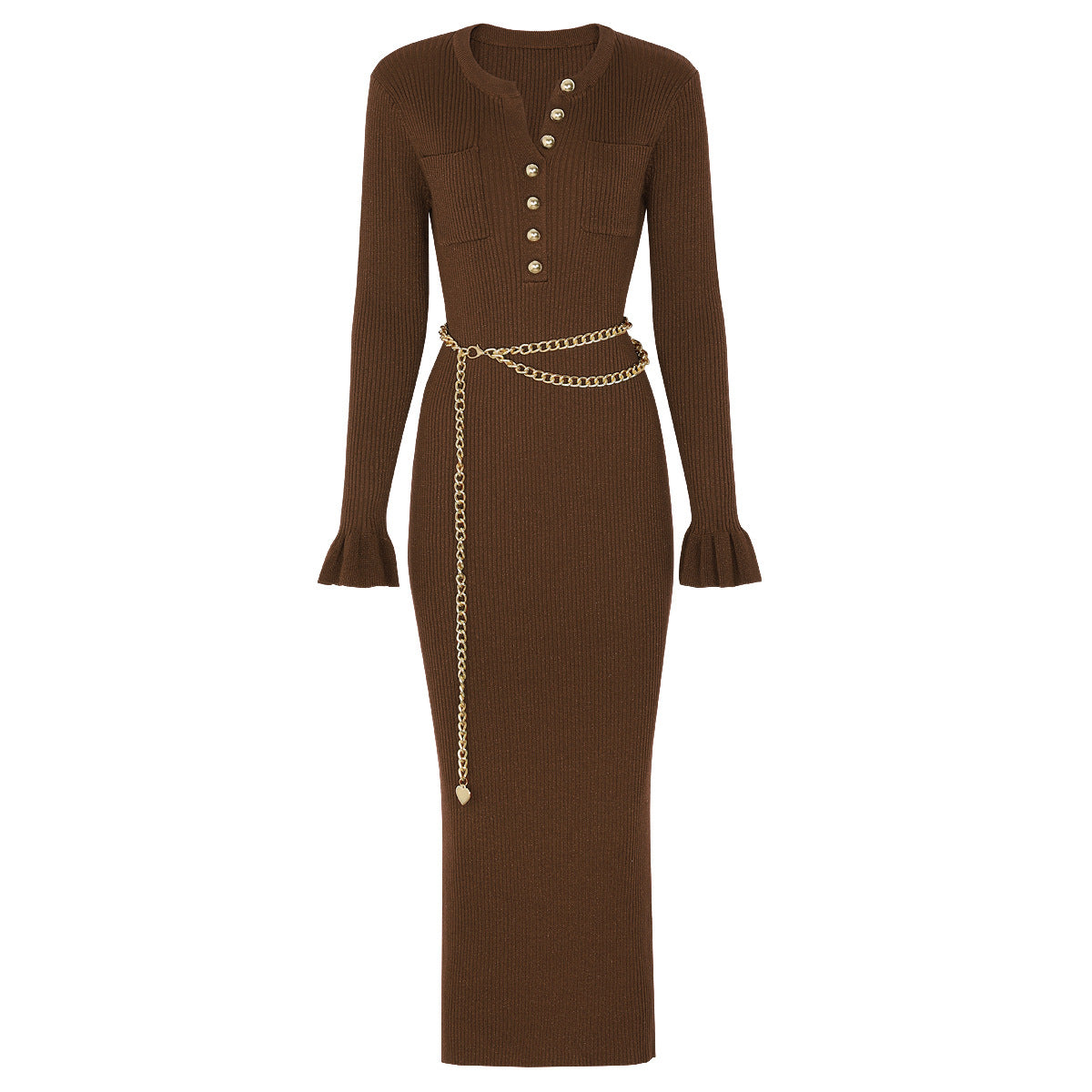 High Quality Fashion Knitted Slim Fit Slimming Chain Belt Dresses
