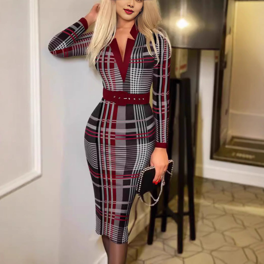 Women's Fashion Plaid Hip Long Sleeve Sexy Dress