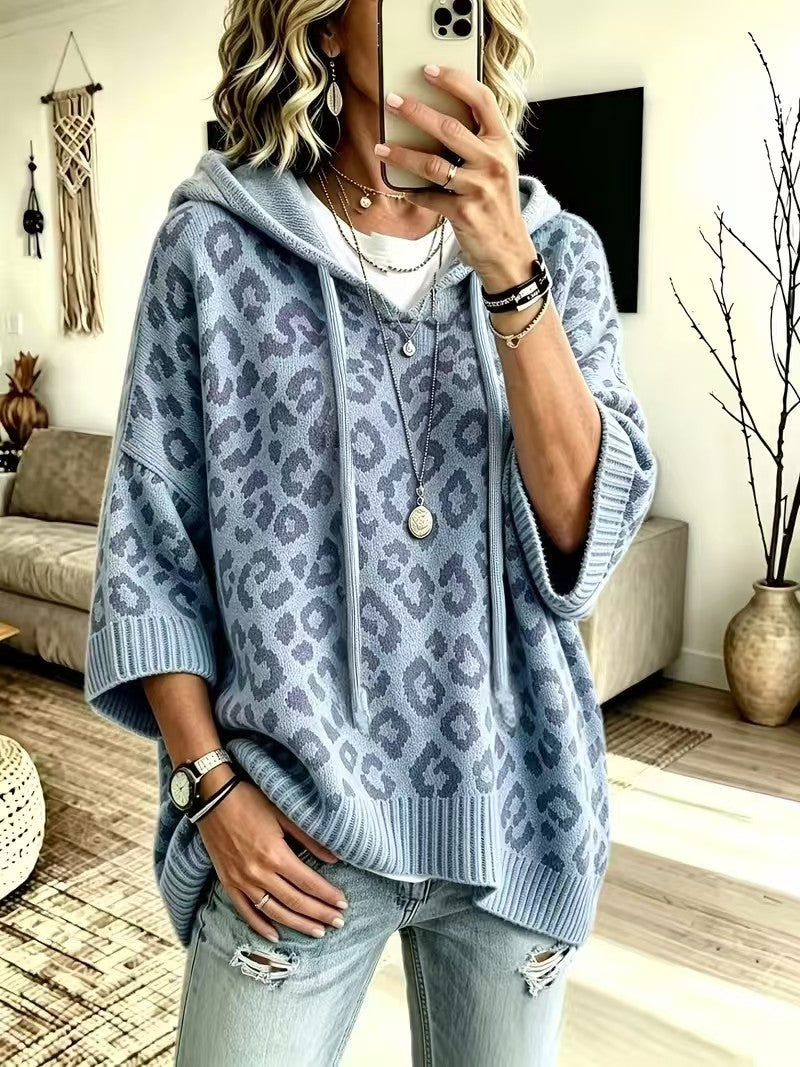 Leopard Print Hooded Drawstring Knitted Pullover Hoodie Sweater