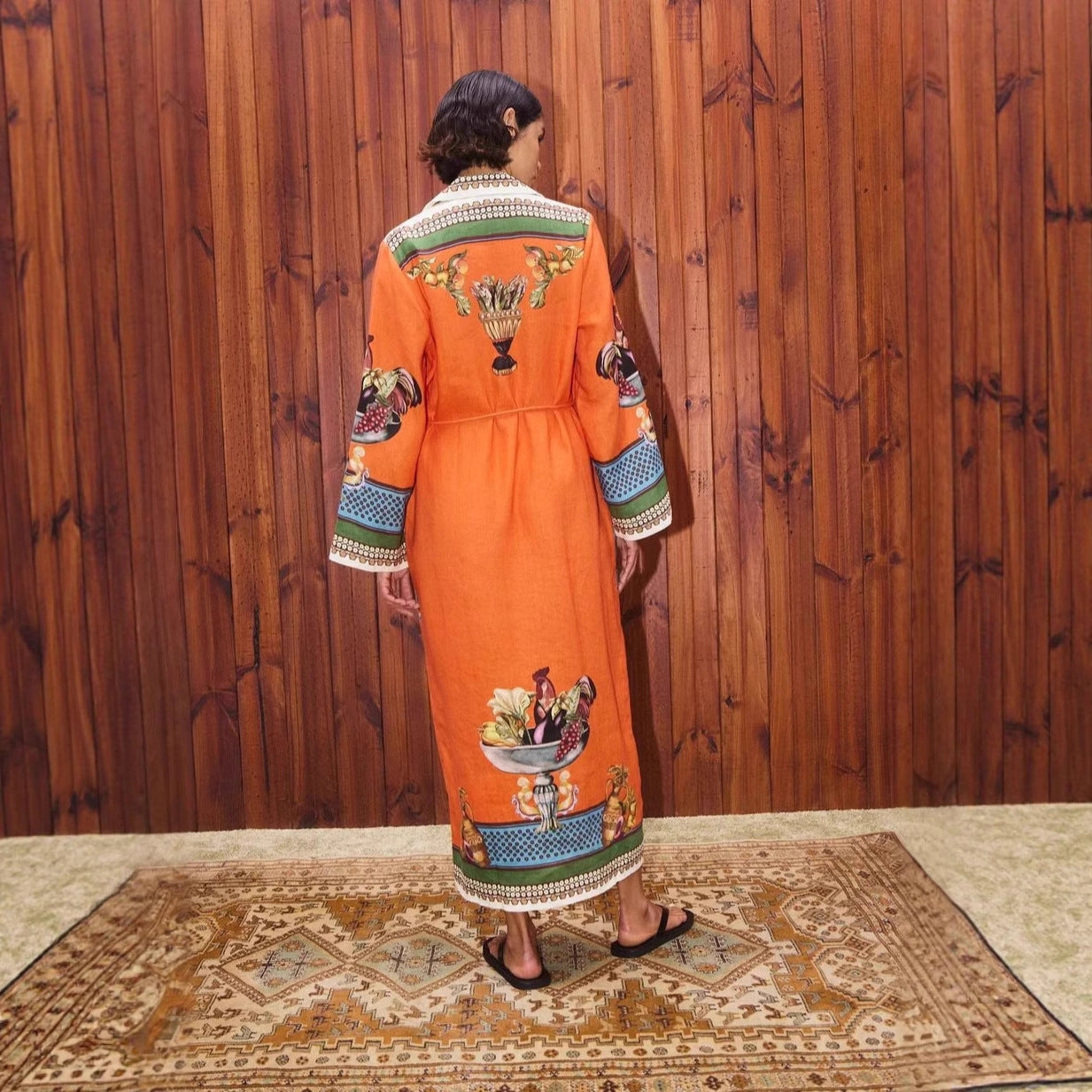 Women's Cotton Linen Printed Long Collar Dress Dresses