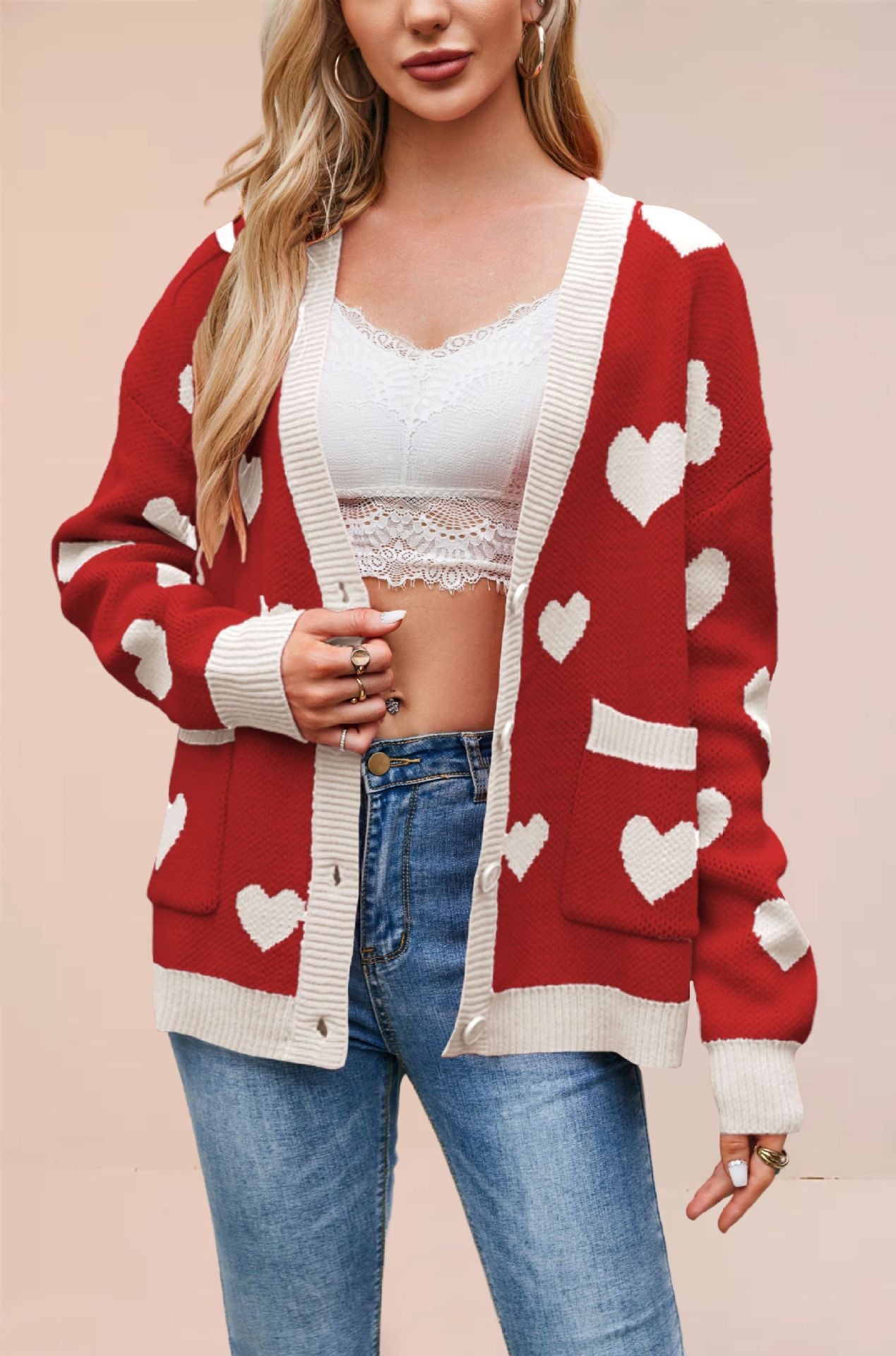 Women's Valentine's Day Love Peach Knitted Pocket Sweaters