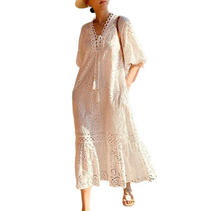 Women's French Embroidery Holiday Dress Puff Sleeve Dresses