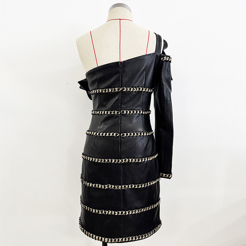 Fashion Chain Three-dimensional Lotus Leaf Single Sleeve Leather Dress
