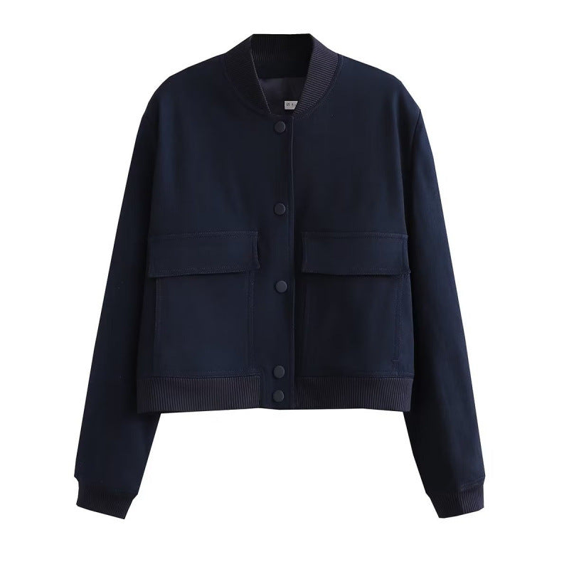 Women's Color Stand Collar Large Pocket Jackets
