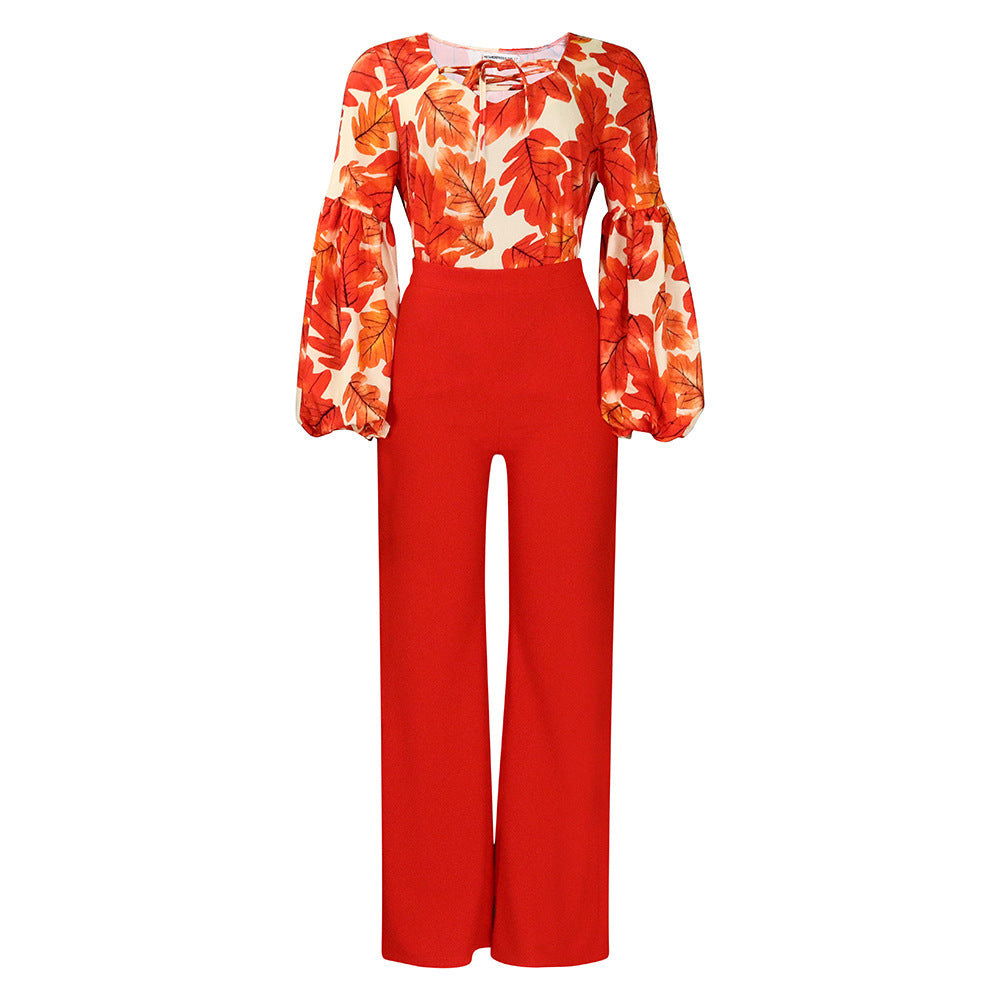 Women's Large Printed Lace Up Wide Leg Fashion Casual Suit