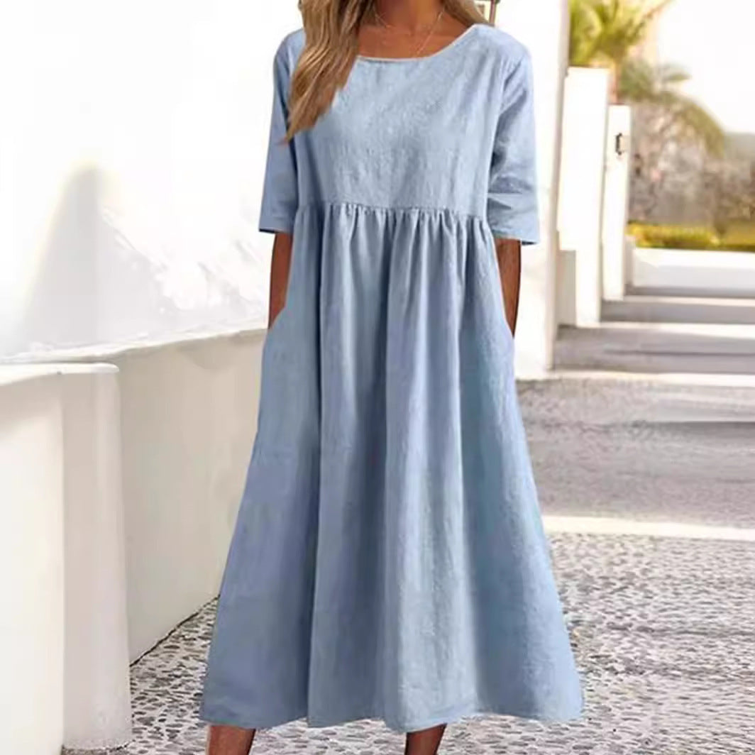 Casual Sleeve Pocket Pleated Loose Round Dress