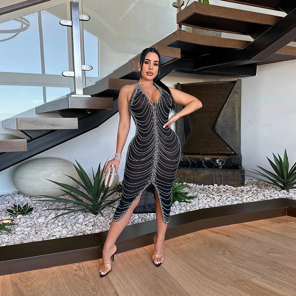 Women's Rhinestone Sexy Backless Tight Split Dress Dresses