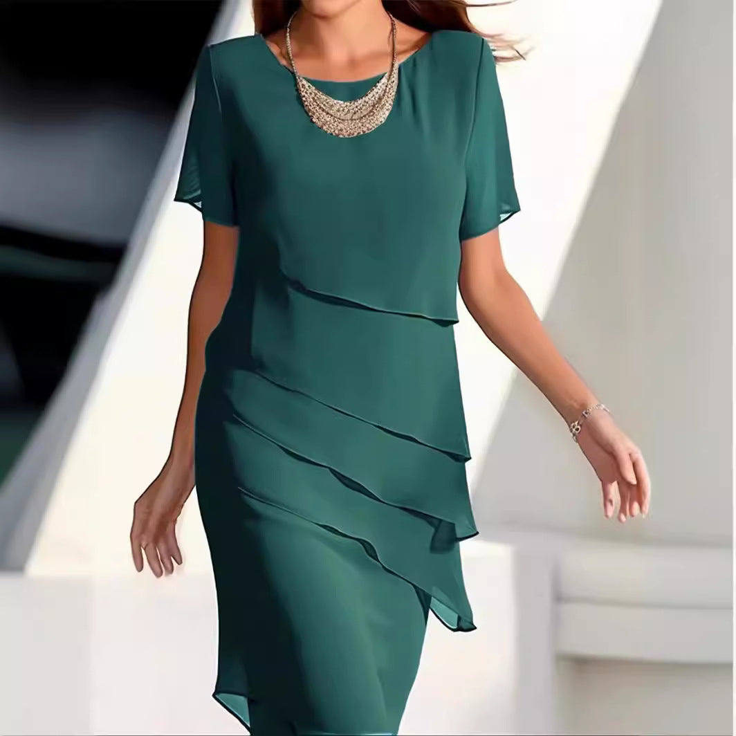 Women's Solid Color Sleeve Glitter Ruffles Crew Neck Dress