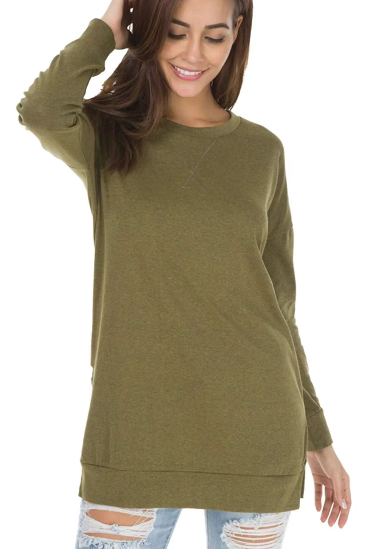 Women's Popular Slit Loose Round Neck Long Blouses